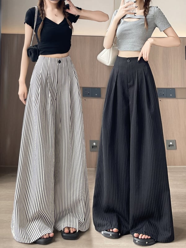 Pantaloni pentru femei Ice-Silk cu dungi, largi, talie înaltă, lejeri, drapaj, croi drept, până la podea