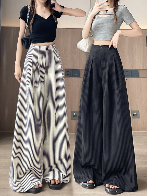 Pantaloni pentru femei Ice-Silk cu dungi, largi, talie înaltă, lejeri, drapaj, croi drept, până la podea