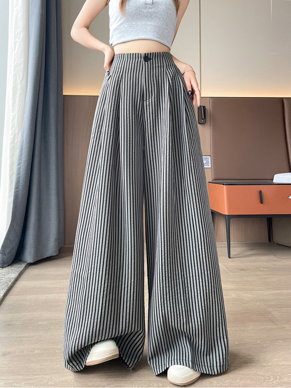 Pantaloni pentru femei Ice-Silk cu dungi, largi, talie înaltă, lejeri, drapaj, croi drept, până la podea