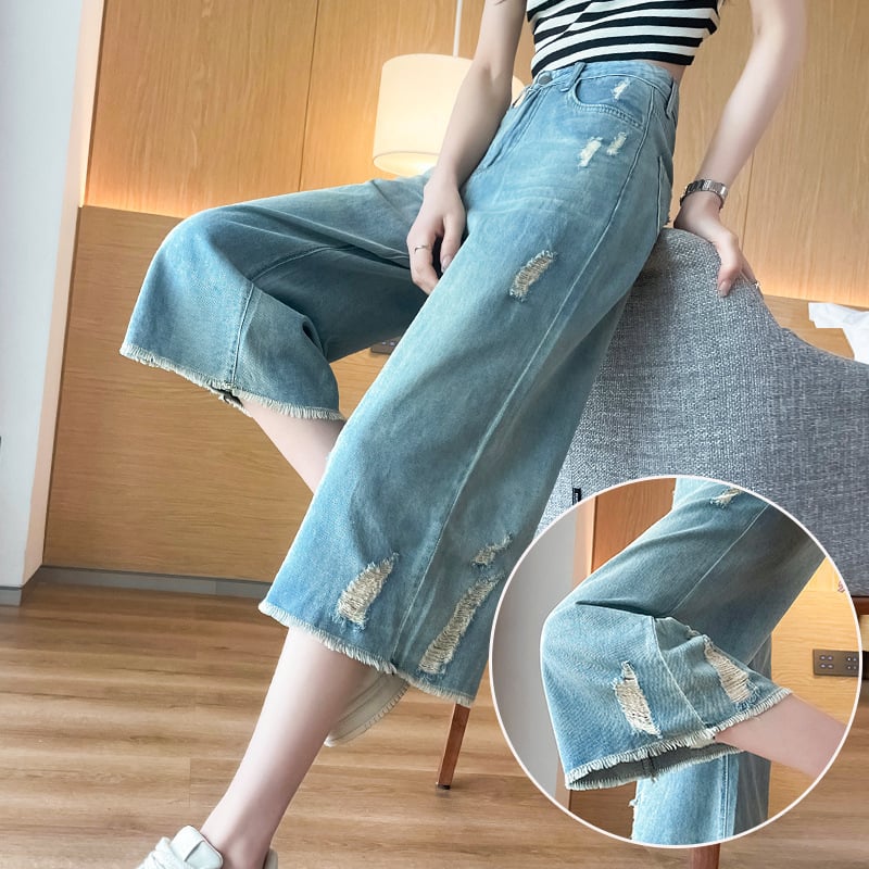 Jeans vintage cu rupuri, croiala dreaptă, talie înaltă, lungime cropped, croi relaxat, vară, look nostalgic