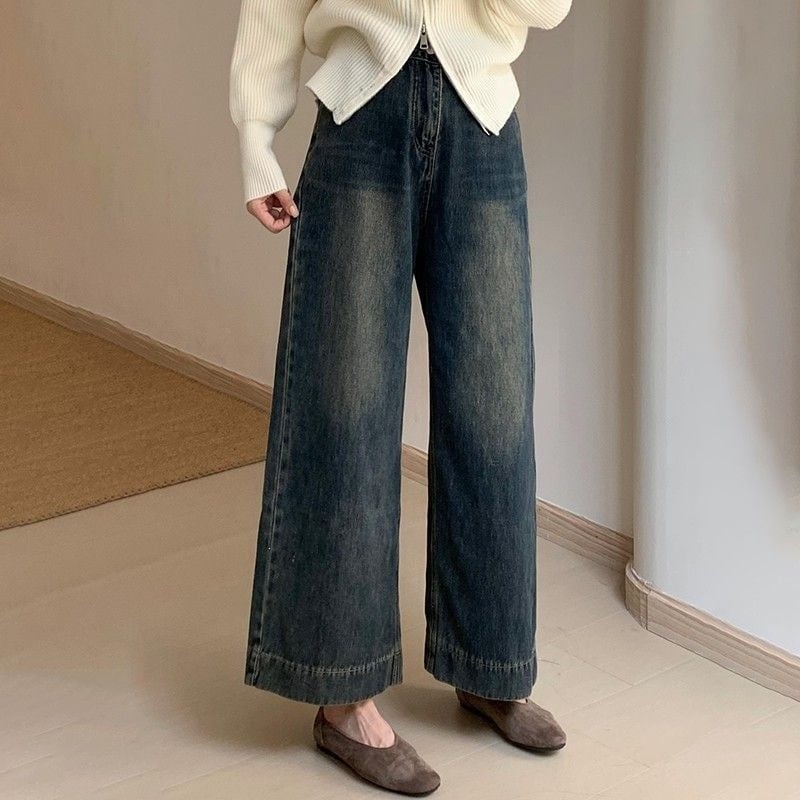 Blugi de damă din denim gri ciment, cropped, talie înaltă, largi, stil coreean, vară 2026