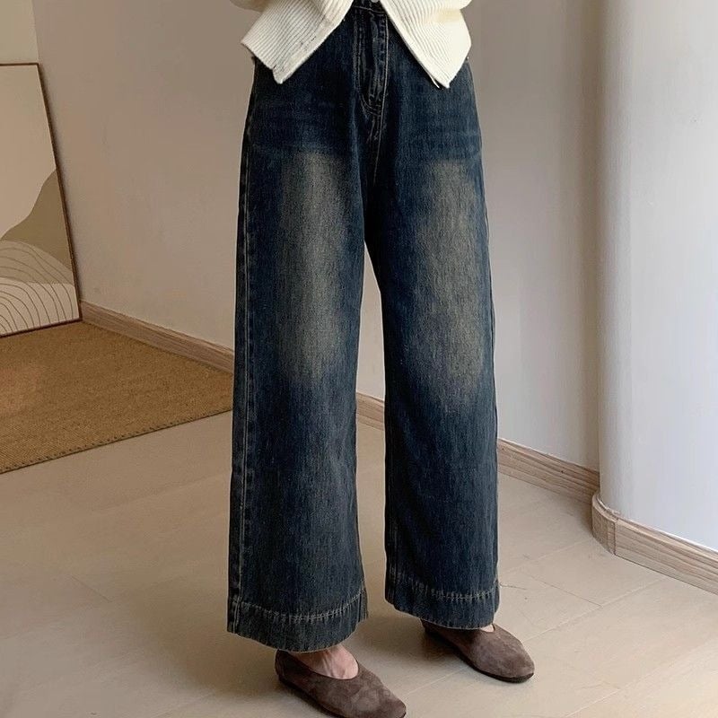 Blugi de damă din denim gri ciment, cropped, talie înaltă, largi, stil coreean, vară 2026