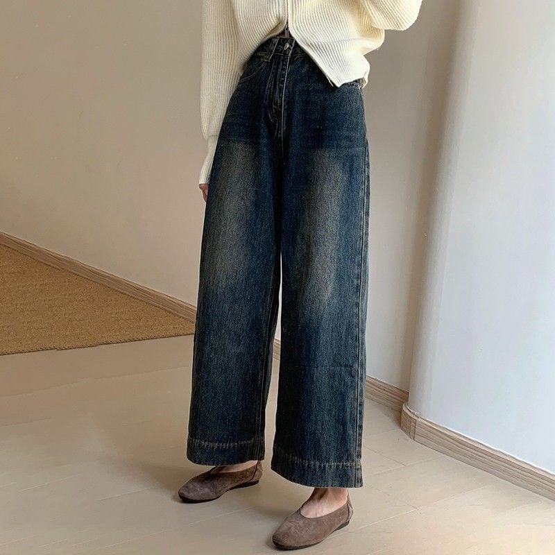 Blugi de damă din denim gri ciment, cropped, talie înaltă, largi, stil coreean, vară 2026