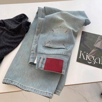 Blugi de damă din denim, cu broderie în formă de pară, primăvară-vară, talie înaltă, croială largă, design în blocuri de culori, etichetă roșie, lungime până la podea, croială lejeră dreaptă