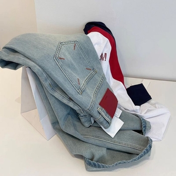 Blugi de damă din denim, cu broderie în formă de pară, primăvară-vară, talie înaltă, croială largă, design în blocuri de culori, etichetă roșie, lungime până la podea, croială lejeră dreaptă