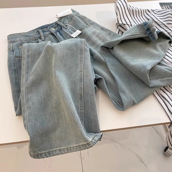 Blugi de damă din denim, cu broderie în formă de pară, primăvară-vară, talie înaltă, croială largă, design în blocuri de culori, etichetă roșie, lungime până la podea, croială lejeră dreaptă