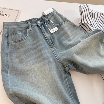 Blugi de damă din denim, cu broderie în formă de pară, primăvară-vară, talie înaltă, croială largă, design în blocuri de culori, etichetă roșie, lungime până la podea, croială lejeră dreaptă