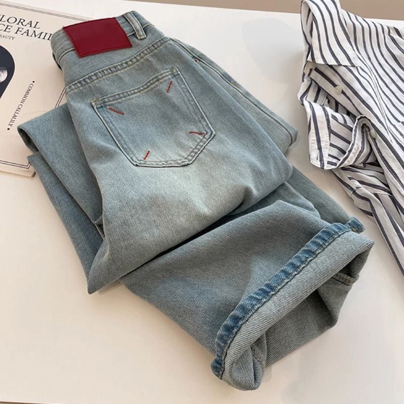 Blugi de damă din denim, cu broderie în formă de pară, primăvară-vară, talie înaltă, croială largă, design în blocuri de culori, etichetă roșie, lungime până la podea, croială lejeră dreaptă