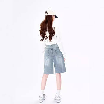 Shorts din denim vintage rupturi, croială largă pentru femei, talie înaltă, mărime Petite, tiv franjat, vară 2024