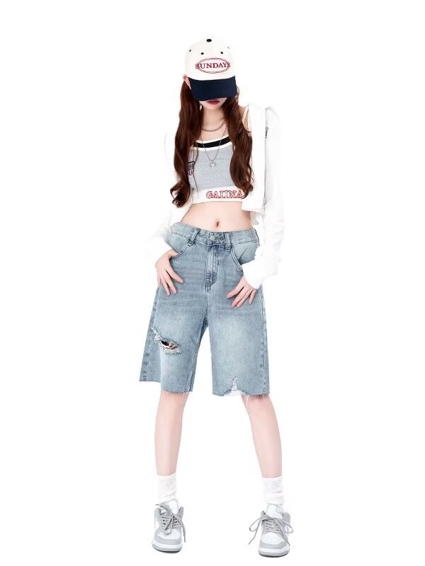 Shorts din denim vintage rupturi, croială largă pentru femei, talie înaltă, mărime Petite, tiv franjat, vară 2024