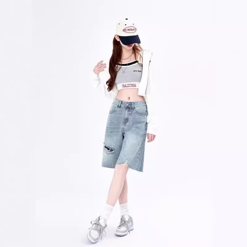 Shorts din denim vintage rupturi, croială largă pentru femei, talie înaltă, mărime Petite, tiv franjat, vară 2024