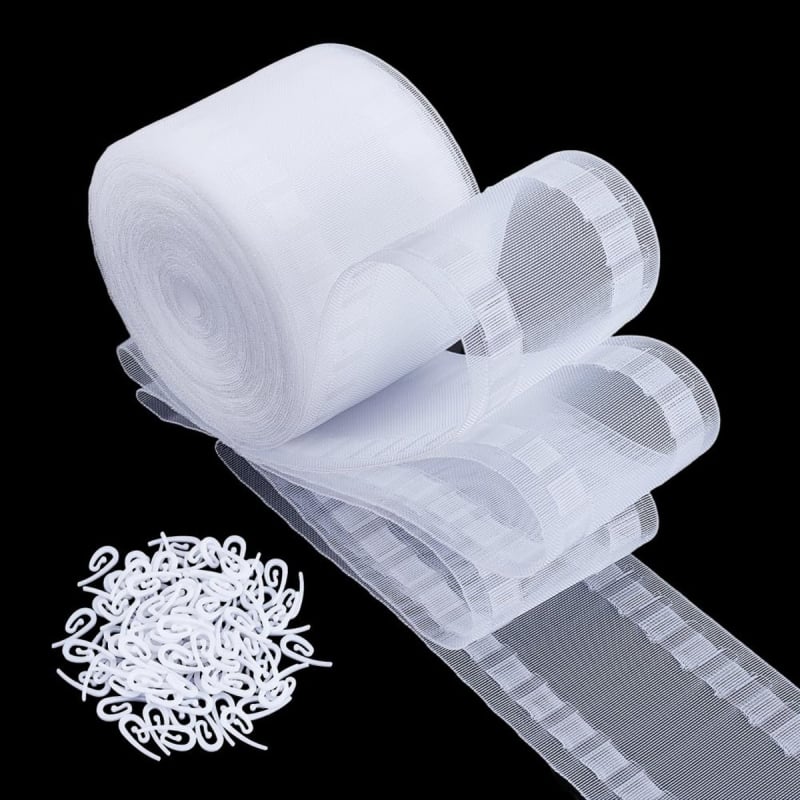 Set de 12 m benzi din pânză și 100 de cârlige; accesorii pentru perdea în formă de șarpe, cârlige din plastic reglabil, glisiere pentru perdea în formă de șarpe