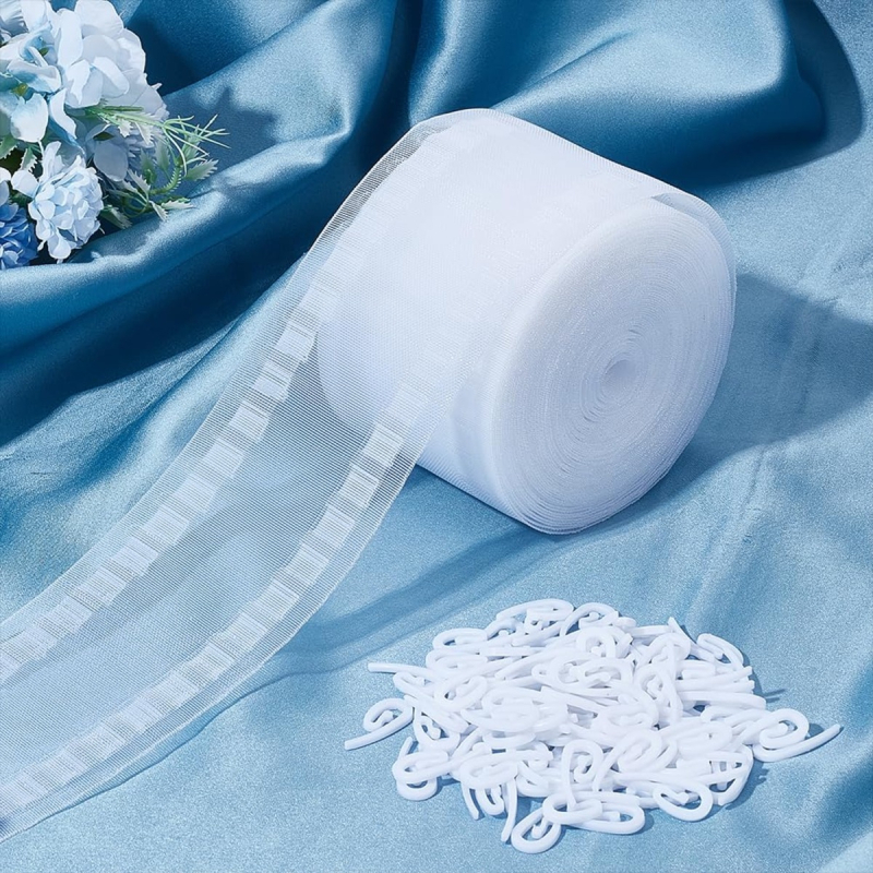 Set de 12 m benzi din pânză și 100 de cârlige; accesorii pentru perdea în formă de șarpe, cârlige din plastic reglabil, glisiere pentru perdea în formă de șarpe