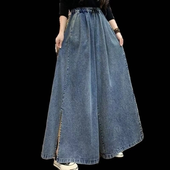 Pantaloni-fustă din denim cu talie înaltă și deschidere frontală, wide leg, stil retro artistic, croială lejeră, jean casual lung pentru femei