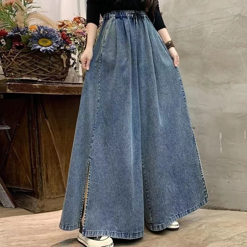 Pantaloni-fustă din denim cu talie înaltă și deschidere frontală, wide leg, stil retro artistic, croială lejeră, jean casual lung pentru femei