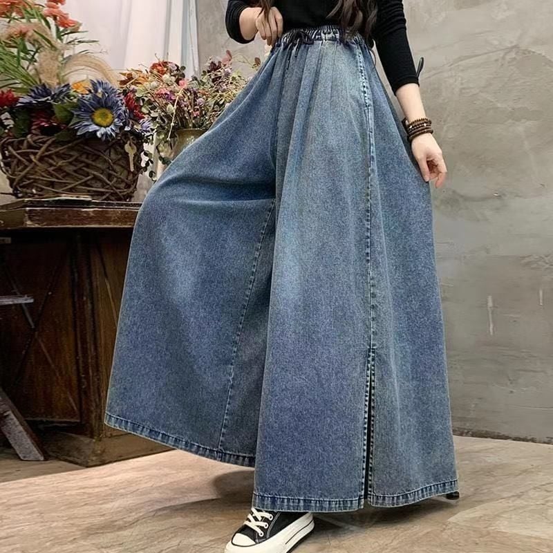 Pantaloni-fustă din denim cu talie înaltă și deschidere frontală, wide leg, stil retro artistic, croială lejeră, jean casual lung pentru femei