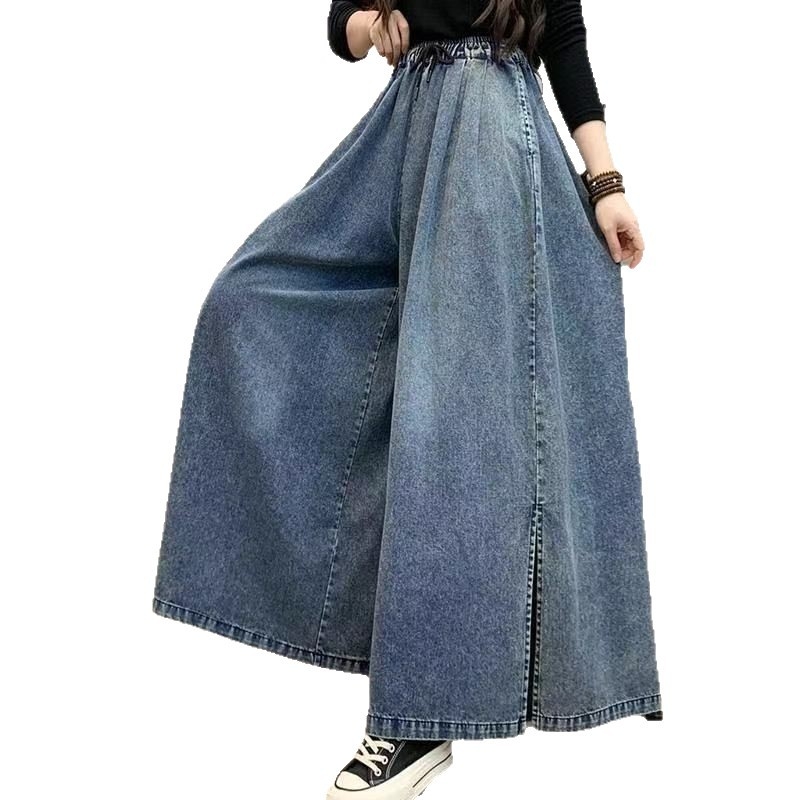 Pantaloni-fustă din denim cu talie înaltă și deschidere frontală, wide leg, stil retro artistic, croială lejeră, jean casual lung pentru femei