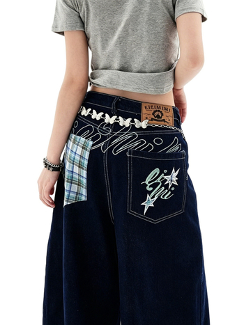 Blugi dama în stil american retro, cu buzunare brodate, croi cropped, denim ușor pentru vară, croi lejer