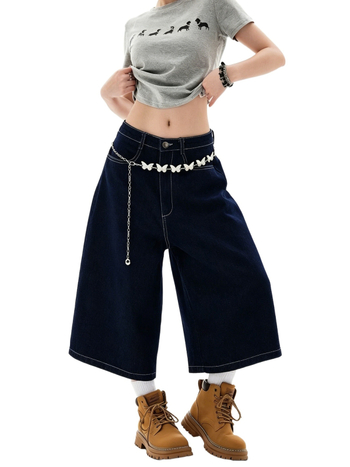 Blugi dama în stil american retro, cu buzunare brodate, croi cropped, denim ușor pentru vară, croi lejer
