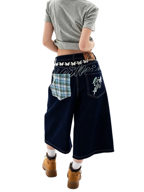 Blugi dama în stil american retro, cu buzunare brodate, croi cropped, denim ușor pentru vară, croi lejer