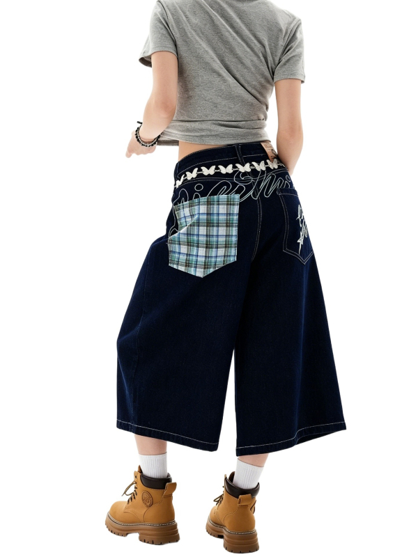 Blugi dama în stil american retro, cu buzunare brodate, croi cropped, denim ușor pentru vară, croi lejer