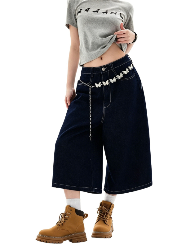 Blugi dama în stil american retro, cu buzunare brodate, croi cropped, denim ușor pentru vară, croi lejer