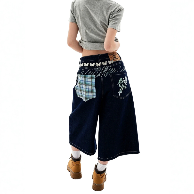 Blugi dama în stil american retro, cu buzunare brodate, croi cropped, denim ușor pentru vară, croi lejer