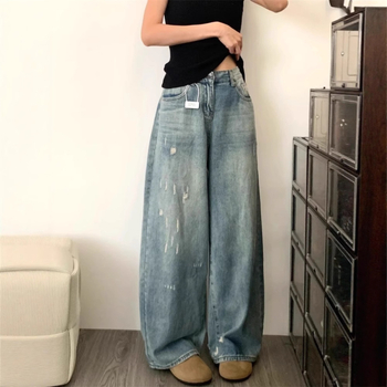 Jeans din denim cu talie înaltă, rupturi, croială largă, pentru femei plus size, design de vară, acoperire a șoldurilor, efect de subțiere, spălat, lungime până la podea