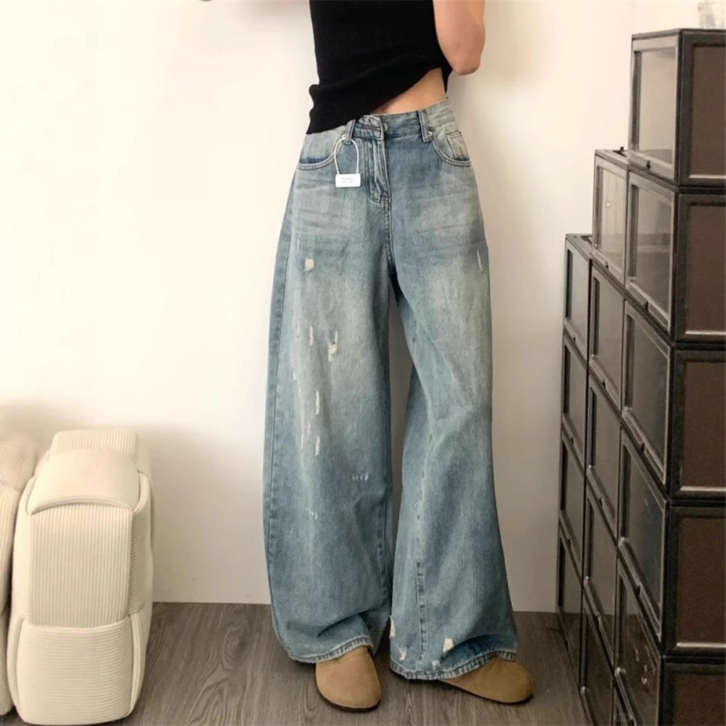 Jeans din denim cu talie înaltă, rupturi, croială largă, pentru femei plus size, design de vară, acoperire a șoldurilor, efect de subțiere, spălat, lungime până la podea