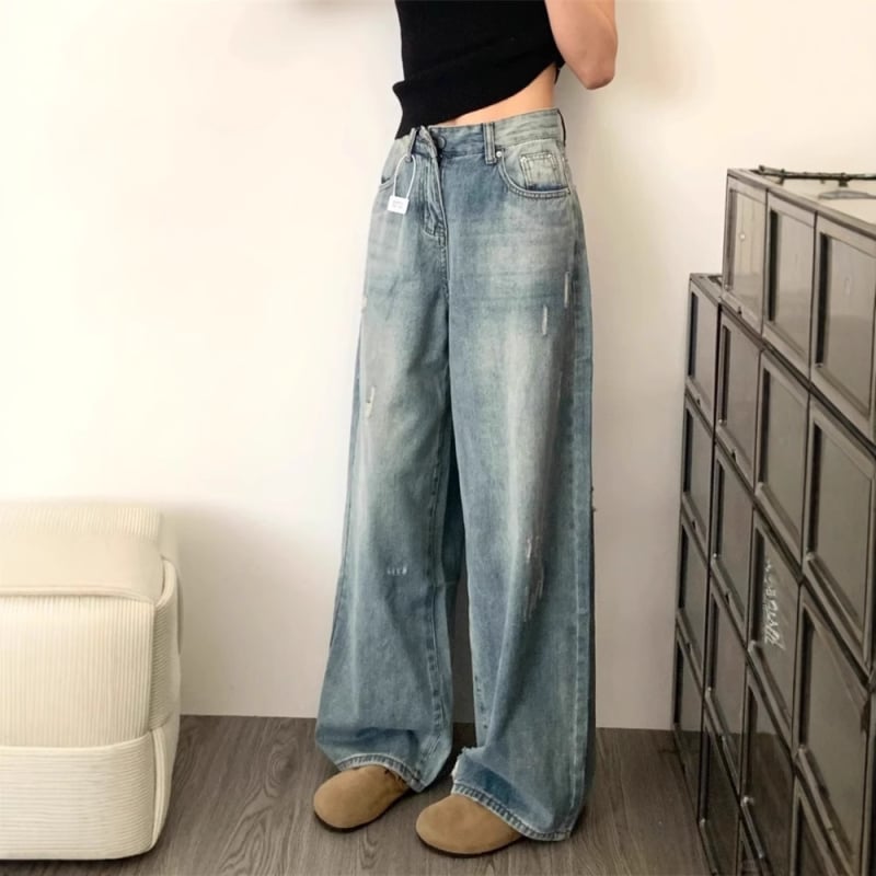 Jeans din denim cu talie înaltă, rupturi, croială largă, pentru femei plus size, design de vară, acoperire a șoldurilor, efect de subțiere, spălat, lungime până la podea