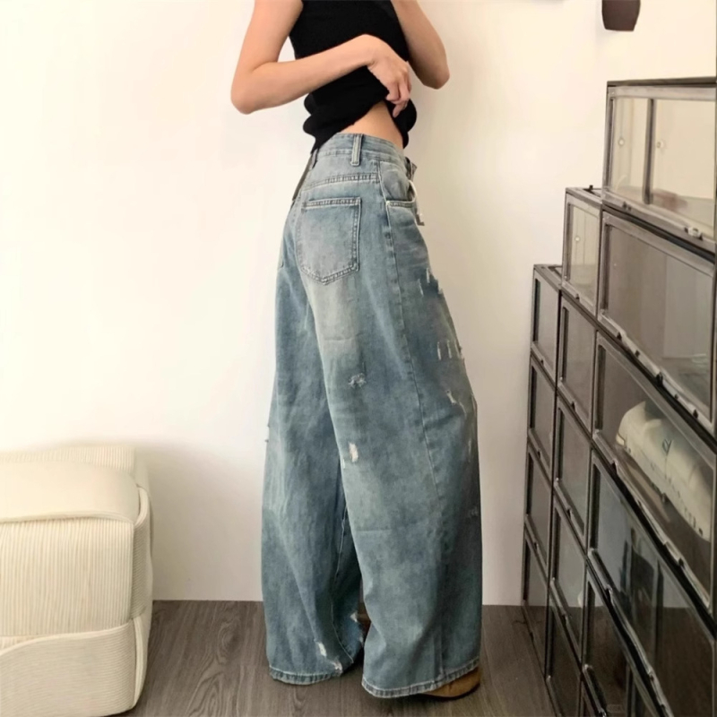 Jeans din denim cu talie înaltă, rupturi, croială largă, pentru femei plus size, design de vară, acoperire a șoldurilor, efect de subțiere, spălat, lungime până la podea