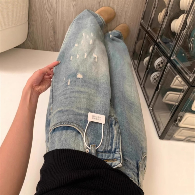 Jeans din denim cu talie înaltă, rupturi, croială largă, pentru femei plus size, design de vară, acoperire a șoldurilor, efect de subțiere, spălat, lungime până la podea