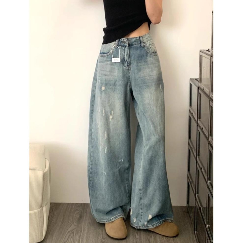 Jeans din denim cu talie înaltă, rupturi, croială largă, pentru femei plus size, design de vară, acoperire a șoldurilor, efect de subțiere, spălat, lungime până la podea
