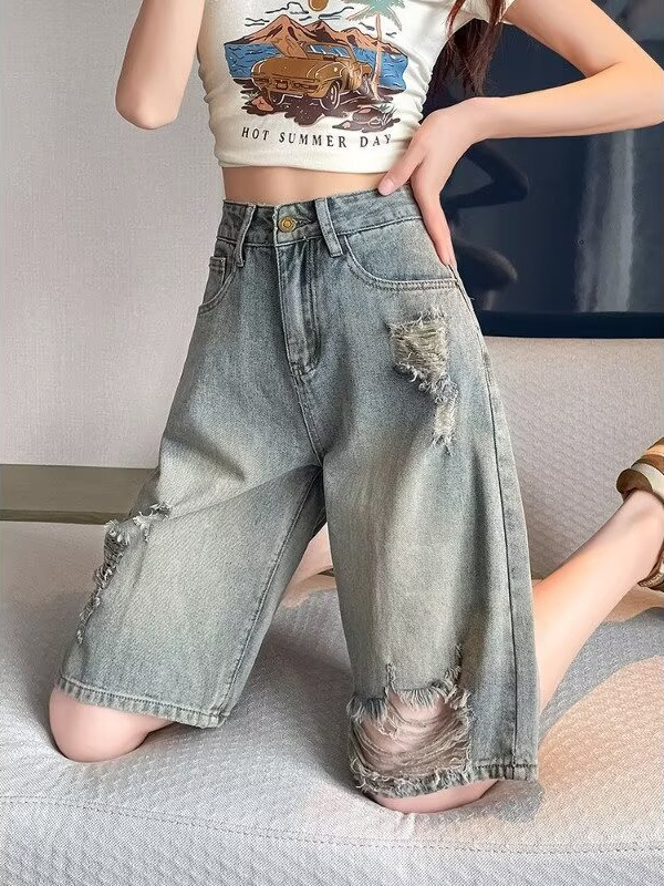 Shorturi din denim pentru femei, mărime plus, stil american, vară ușoară, talie înaltă, rupte, croială lejeră, picioare largi, lungime până la genunchi