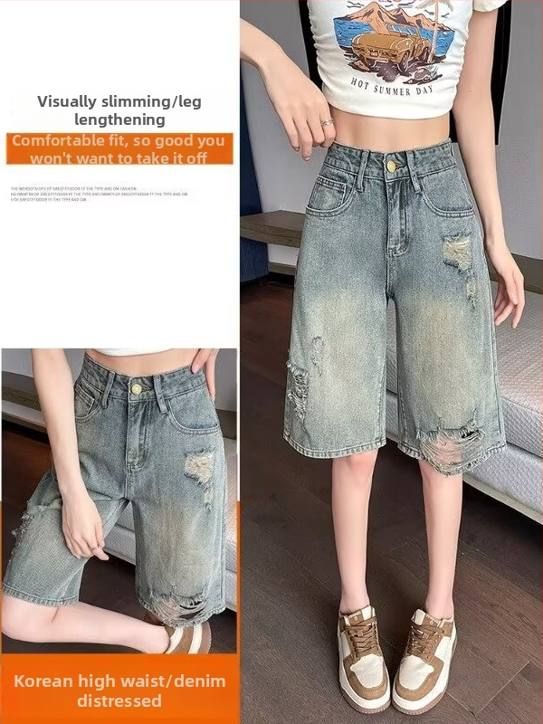 Dámske džínsové šortky v americkom štýle pre väčšie veľkosti, ľahké letné, s vysokým pásom, roztrhané, voľný strih, po kolená, so širokými nohavicami