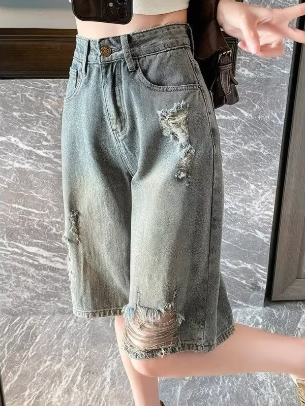 Shorturi din denim pentru femei, mărime plus, stil american, vară ușoară, talie înaltă, rupte, croială lejeră, picioare largi, lungime până la genunchi