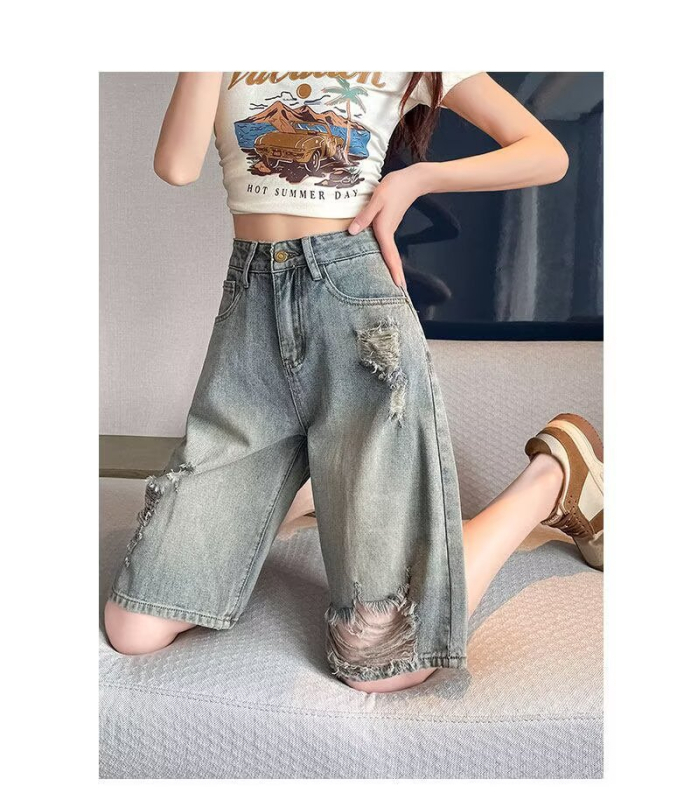 Shorturi din denim pentru femei, mărime plus, stil american, vară ușoară, talie înaltă, rupte, croială lejeră, picioare largi, lungime până la genunchi