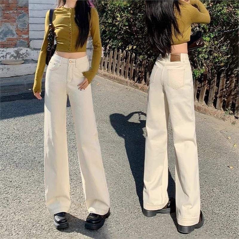 Blugi bej cu talie înaltă și croială largă, denim, vară 2025