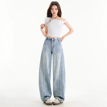 Jeansi din denim în stil american pentru femei, albastru deschis, croială în formă de sabie curbă, colecția primăvară-vară 2025, talie înaltă, croială largă, pantaloni denim cu picioare largi.