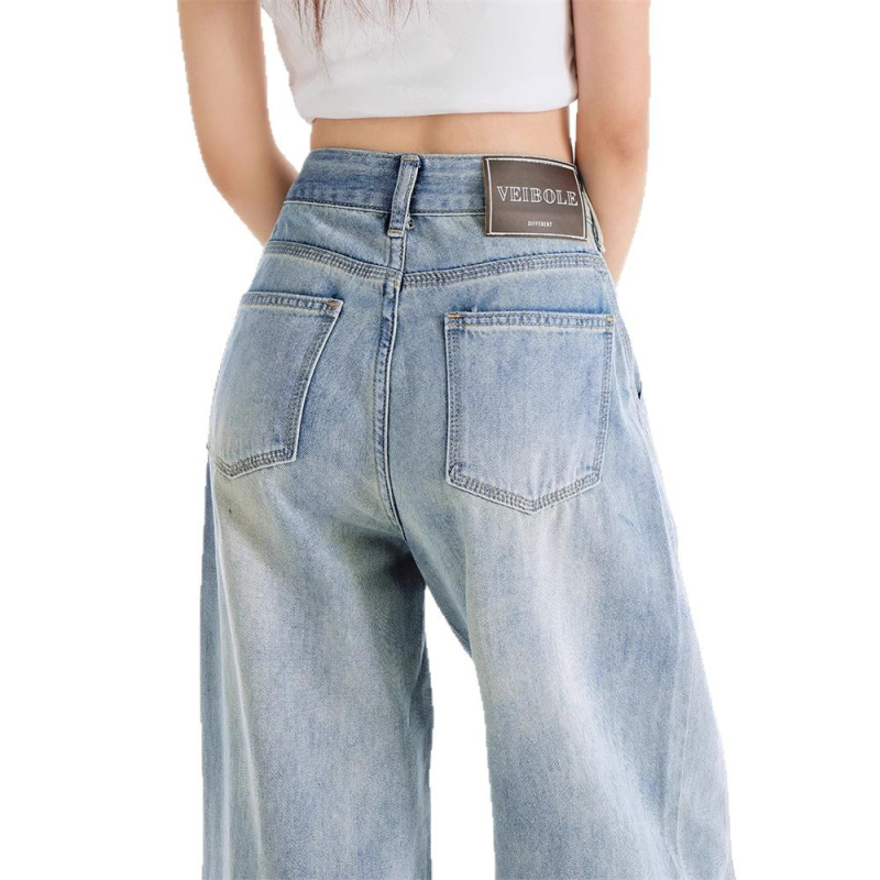 Jeansi din denim în stil american pentru femei, albastru deschis, croială în formă de sabie curbă, colecția primăvară-vară 2025, talie înaltă, croială largă, pantaloni denim cu picioare largi.