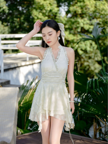 Costum de baie întreg pentru femei, cu halter, stil zână, culoare solidă, pentru plajă și stațiune