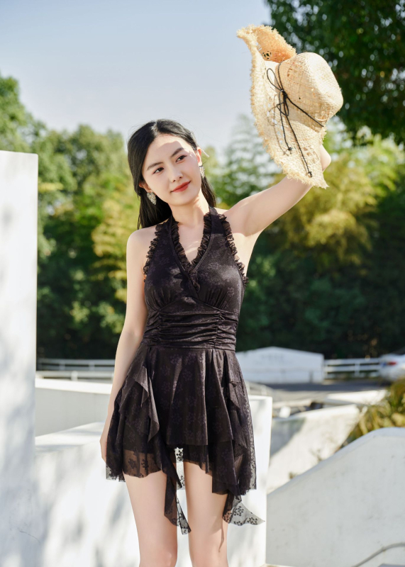 Costum de baie întreg pentru femei, cu halter, stil zână, culoare solidă, pentru plajă și stațiune