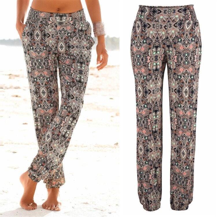Pantaloni de vară pentru femei, talie înaltă cu imprimeu floral, casual, slim, ușori