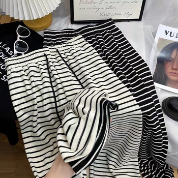 Pantaloni pentru femei cu dungi negre și albe, talie înaltă, croială lejeră, largi, lungime până la podea