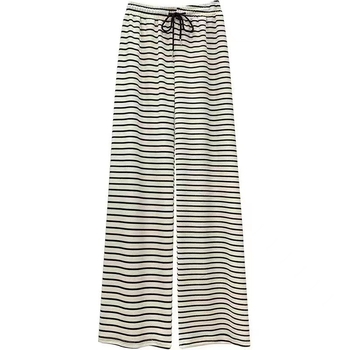 Pantaloni pentru femei cu dungi negre și albe, talie înaltă, croială lejeră, largi, lungime până la podea