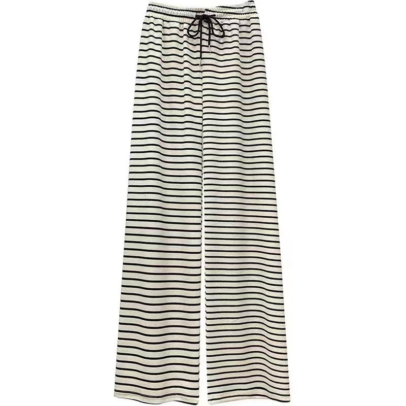 Pantaloni pentru femei cu dungi negre și albe, talie înaltă, croială lejeră, largi, lungime până la podea