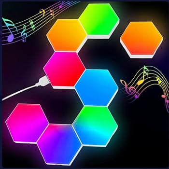 Lumină ambientală hexagonală cuantică pentru camera de gaming — mozaic DIY în formă de fag, lumină colorată, activată prin sunet, lampă de perete pentru dormitor