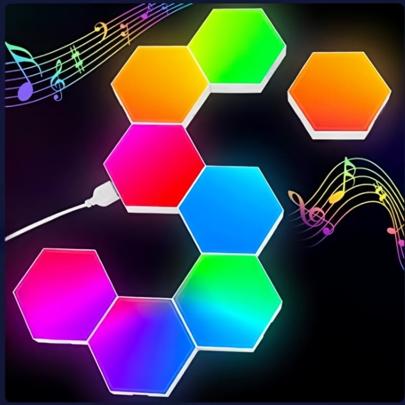 Lumină ambientală hexagonală cuantică pentru camera de gaming — mozaic DIY în formă de fag, lumină colorată, activată prin sunet, lampă de perete pentru dormitor