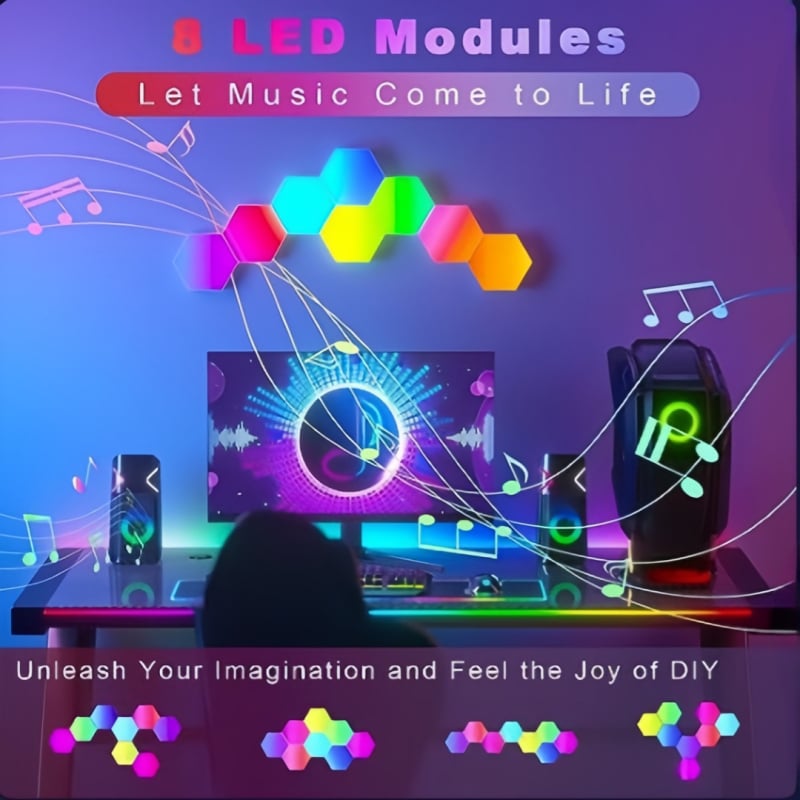 Lumină ambientală hexagonală cuantică pentru camera de gaming — mozaic DIY în formă de fag, lumină colorată, activată prin sunet, lampă de perete pentru dormitor