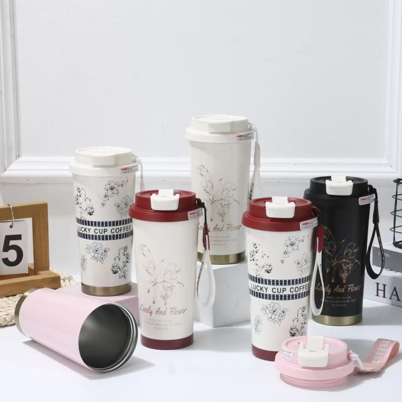 Lily of the Valley 316 din oțel inoxidabil, cană termo cu pai și bretea de purtare, cadou cafea cu logo personalizat